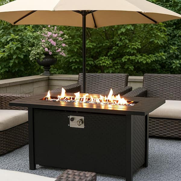 50000 BTU 45 in. Black Steel Rectangle Propane Outdoor Fire Pit Table with Lid and Glass Wind Guard