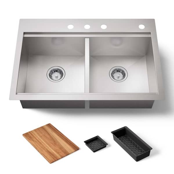 Lyric 33 in. Stainless Steel 18-Gauge Drop in/Undermount Workstation Double Bowl Kitchen Sink with Accessories