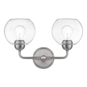 Jill 16 in. 2-Light Brushed Nickel Vanity Light with clear Seeded Glass Shade