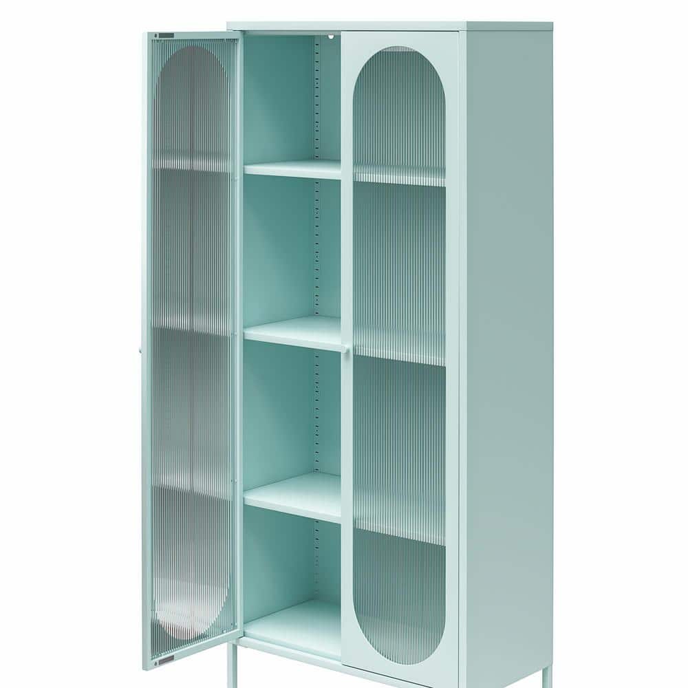 Sky Blue Tall Metal Accent Cabinet with Fluted Glass Doors