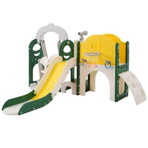 Yellow 8 in 1 Toddler Freestanding Slide Set with Basketball Hoops for Babies Indoor and Outdoor