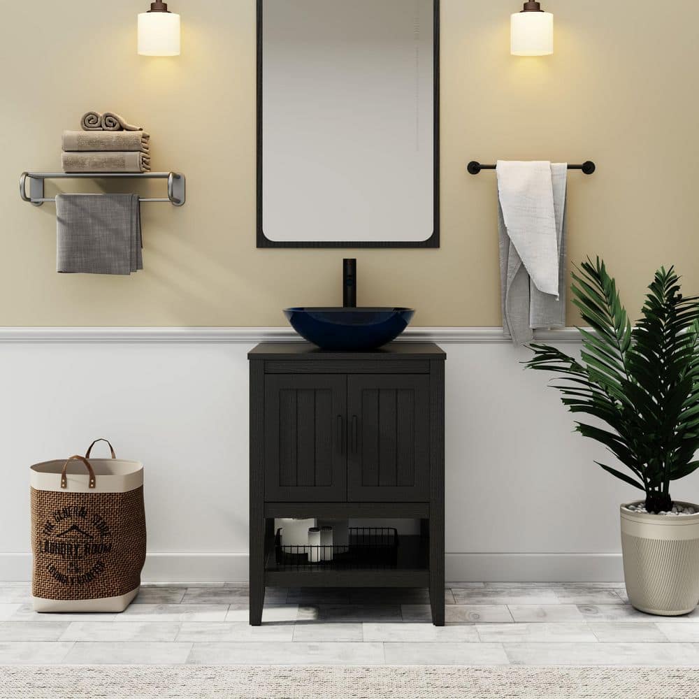 24 in. W x 20 in. D x 32 in. H Single Sink Freestanding Black Bath Vanity with Turquoise Round Glass Vessel Sink Top price history on PriceWatchPro