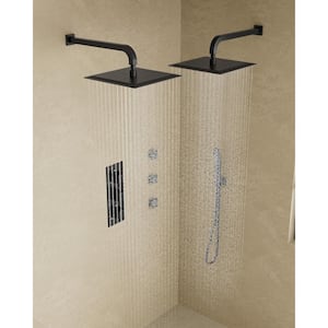 Thermostatic Valve 8-Spray 12 in. and 12 in. Wall Mount Dual Shower Head and Handheld Shower in Matte Black