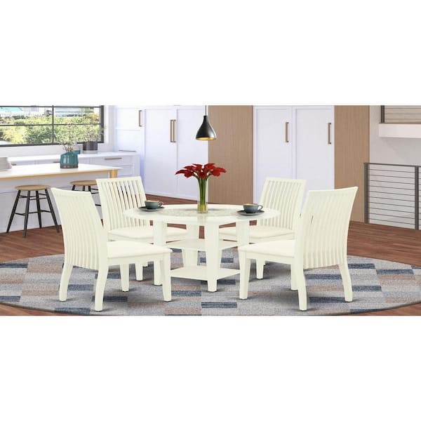 East West Furniture 5-Piece Linen White Finish Solid Wood Top - Round Dining Room Set with Dropleaf - Seats 4