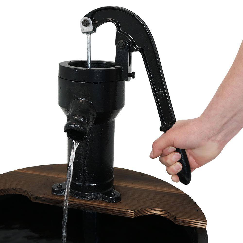 34" Rustic Fir Wood 2-Tier Barrel Water Fountain with Metal Hand Pump