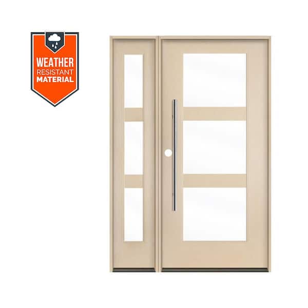 Modern Faux Pivot 50 in. x 79 in. 3-Lite Right-Hand/Inswing Clear Glass Unfinished Fiberglas Prehung Front Door with LSL