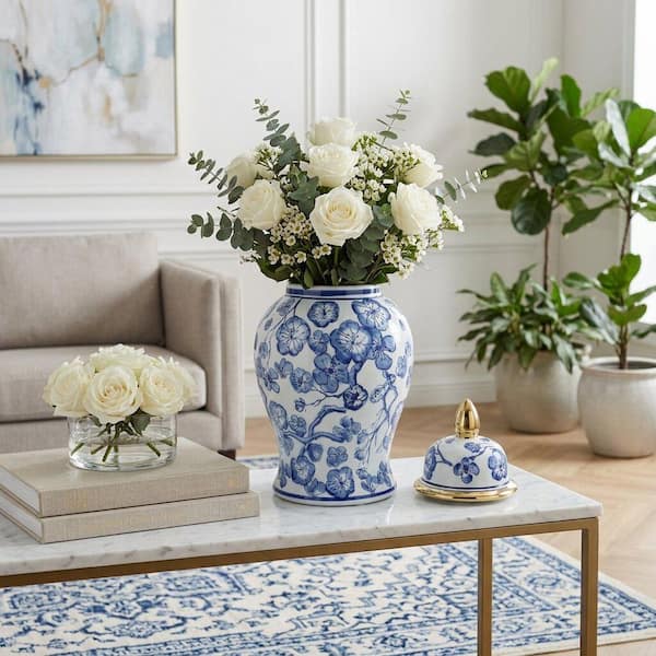 14.25 in. Blue and White Ceramic Floral Temple Jar