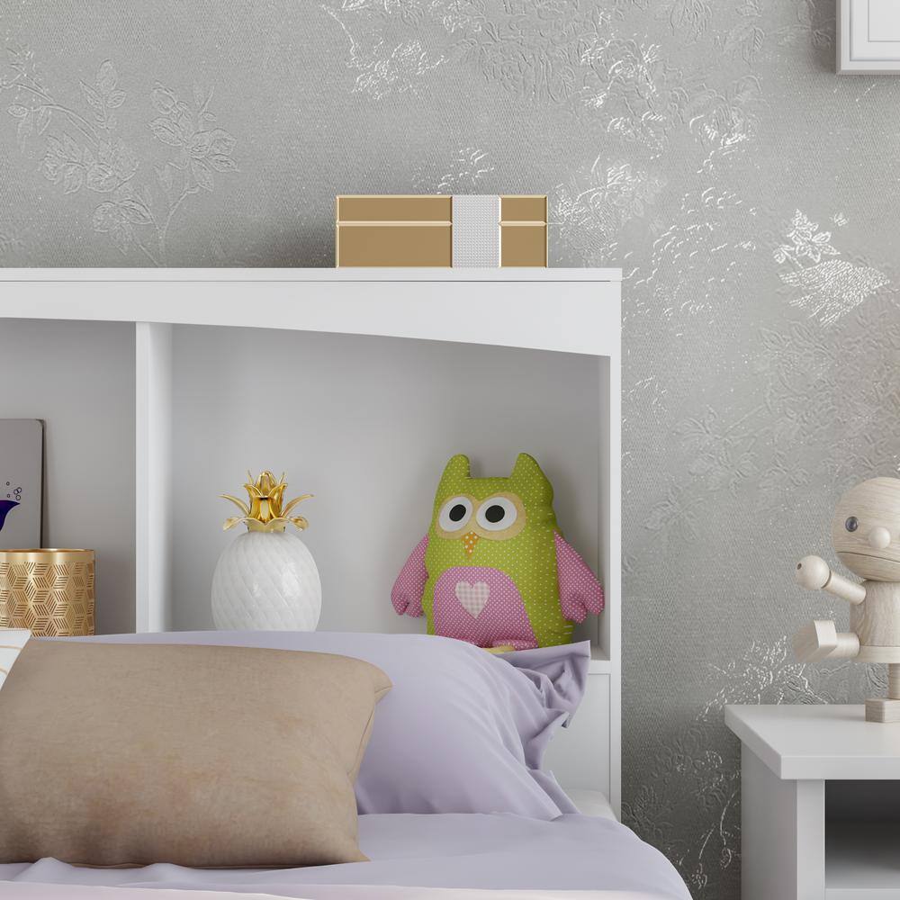 Full White Wood Bookcase Headboard with Storage