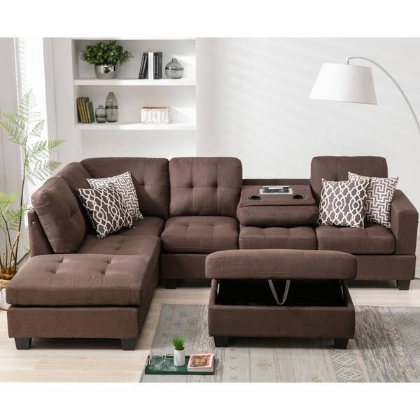 Cup Holders Sectional Sofa Couch, Brown Sectional Couch Living Room Ideas