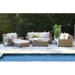 Oakley 5-Piece Resin Wicker Patio Deep Seating Set with Sunbrella Canvas Flax Cushions