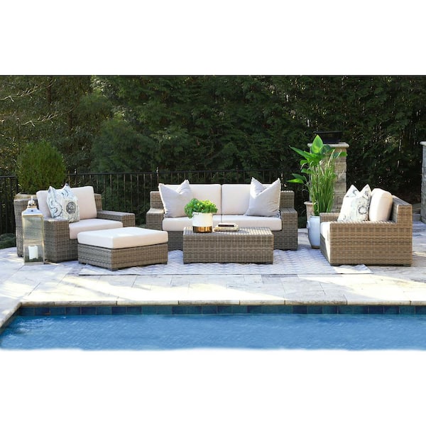 Canopy Oakley 5-Piece Resin Wicker Patio Deep Seating Set with Sunbrella Canvas Flax Cushions