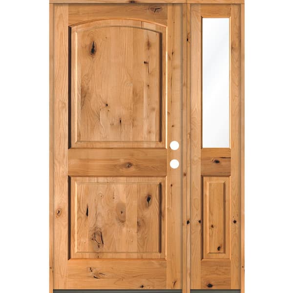 Krosswood Doors 56 in. x 80 in. Knotty Alder 2 Panel Left-Hand/Inswing Clear Glass Clear Stain Wood Prehung Front Door with Sidelite
