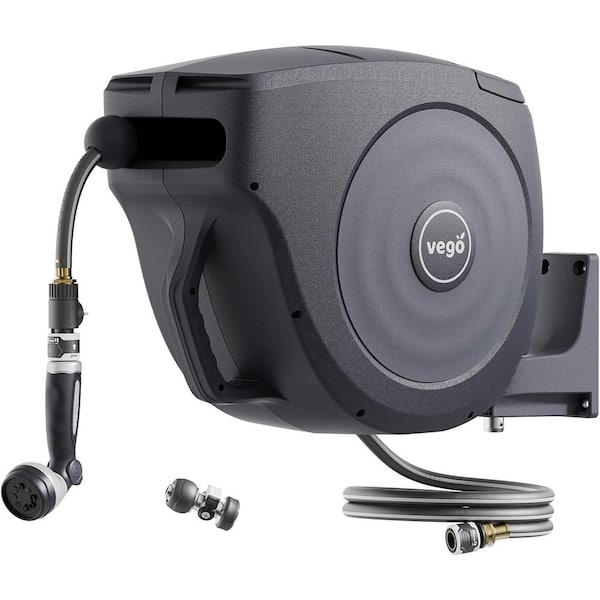 Hose Reel Retractable 1/2 in. Dia x 130 ft. Wall Mounted Automatic Rewind with Nozzle, Quick Connector Tidepool Blue