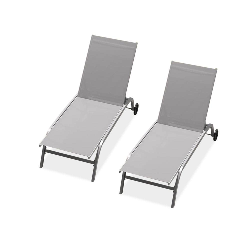 Gray 2-Piece Adjustable Aluminum Outdoor Chaise Lounge with Wheels, 5 Adjus