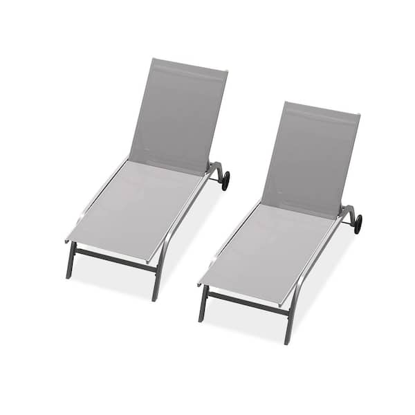 Unbranded Gray 2-Piece Adjustable Aluminum Outdoor Chaise Lounge with Wheels, 5 Adjustable Position