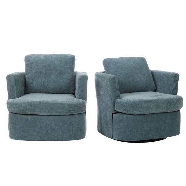 LUE BONA 32 in. W Blue Chenille Swivel Accent Barrel Chair