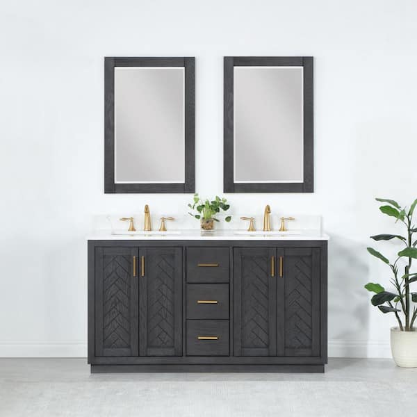 Altair Gazsi 60 in. W x 22 in.D x 34 in. H Double Sink Bath Vanity in Brown Oak with White Composite Stone Top and Mirror