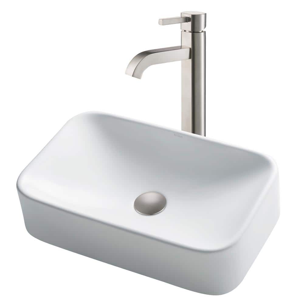 White Ceramic Rectangular Vessel Sink with Satin Nickel Faucet