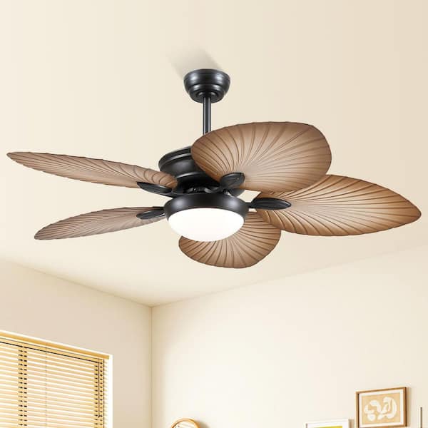 52 in. Indoor/Outdoor Black 5 ABS Tropical Palm Leaf Blades Downrod Ceiling Fan with LED Light and Remote