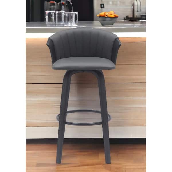 HomeRoots 30 in. Black and Gray High Back Wood Bar Stool Faux Leather Seat