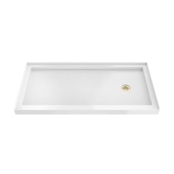 SlimLine 60 in. L x 34 in. W Alcove Rectangular White Shower Pan Base with 2 in. Round Right Drain in Brushed Brass