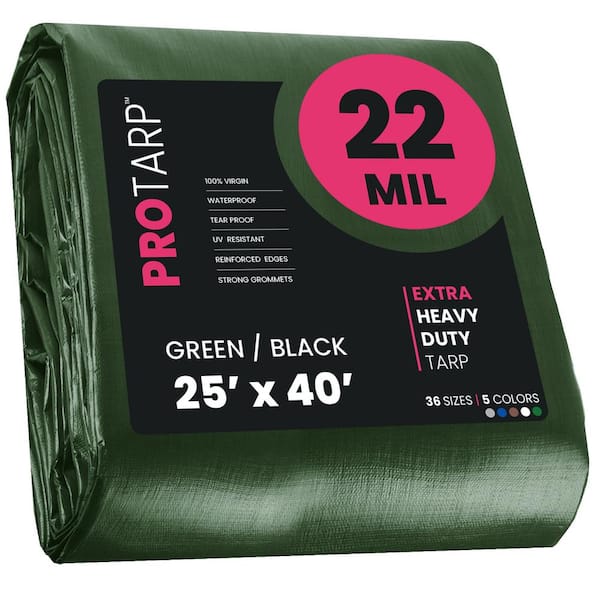 25 ft. x 40 ft. Green/Black 22 Mil Heavy Duty Polyethylene Tarp, Waterproof, UV Resistant, Rip and Tear Proof