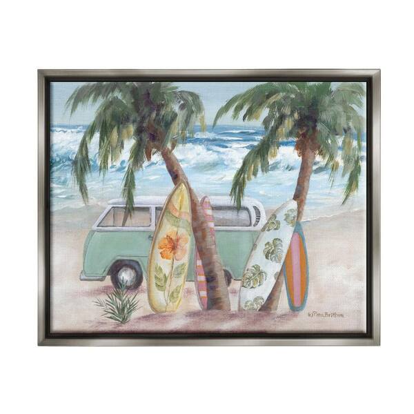 Stupell Industries Summer Waves Tropical Van Surfboards by Pam Britton 1-Piece Gray Floater Frame Nature Graphic Art Print 25 in. x 31 in.
