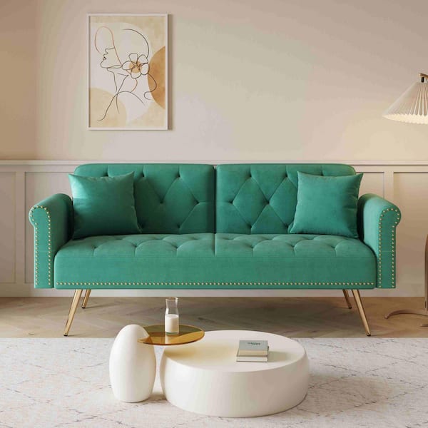 67.7 in. Square Arm Velvet Rectangle Sofa with Sofa Bed and Pillows in Green (Seats 2)