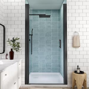 36 to 37-1/4 in. H Pivot Swing Frameless Shower Door in Black with Clear Glass