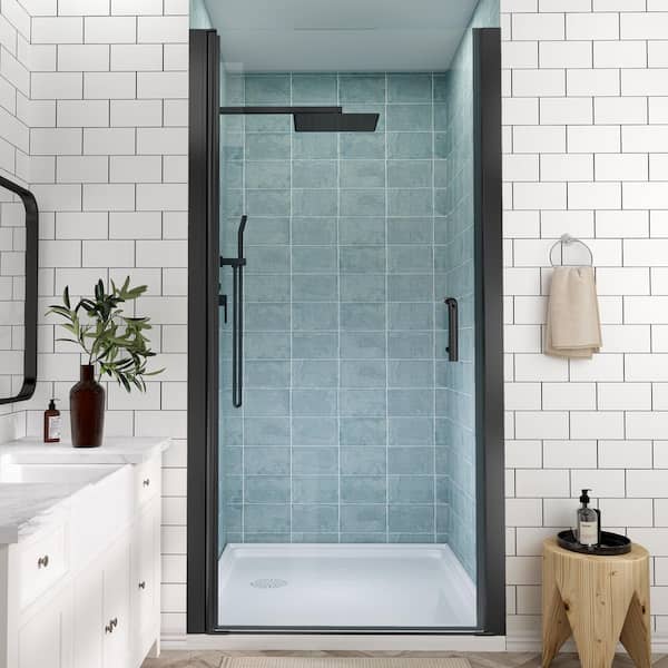 36 to 37-1/4 in. H Pivot Swing Frameless Shower Door in Black with Clear Glass
