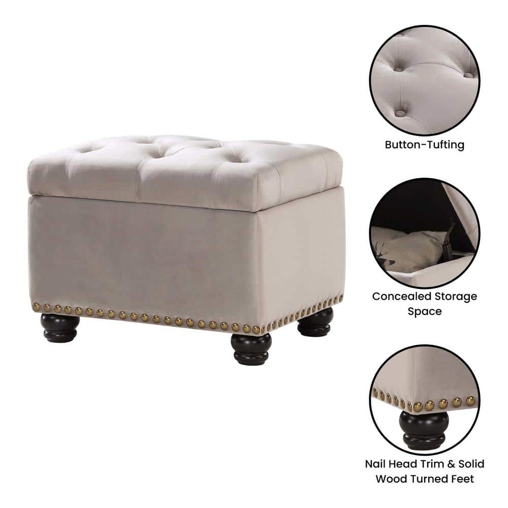 Elegant Taupe Velvet Tufted Storage Ottoman with Antique Nailhead Trim