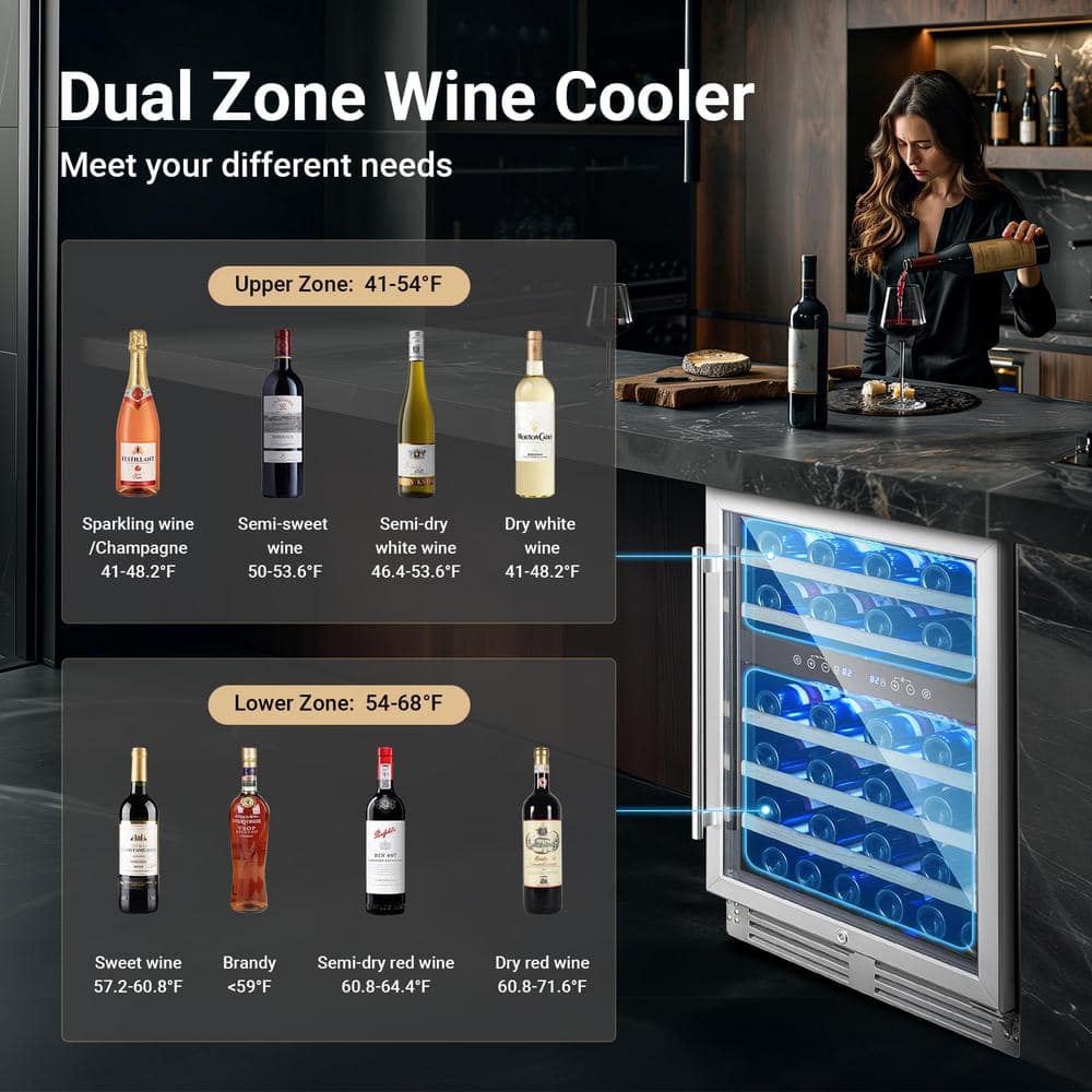 24-Inch Stainless Steel Dual Zone Wine Cooler with LED Lighting
