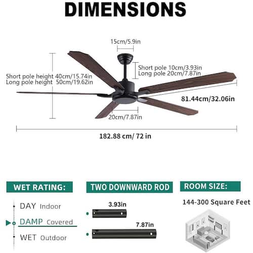 72 in. Indoor Black and Brown Modern 6-Speed Reversible Ceiling Fan with Remote Control for Bedroom Living Room Kitchen Lighting