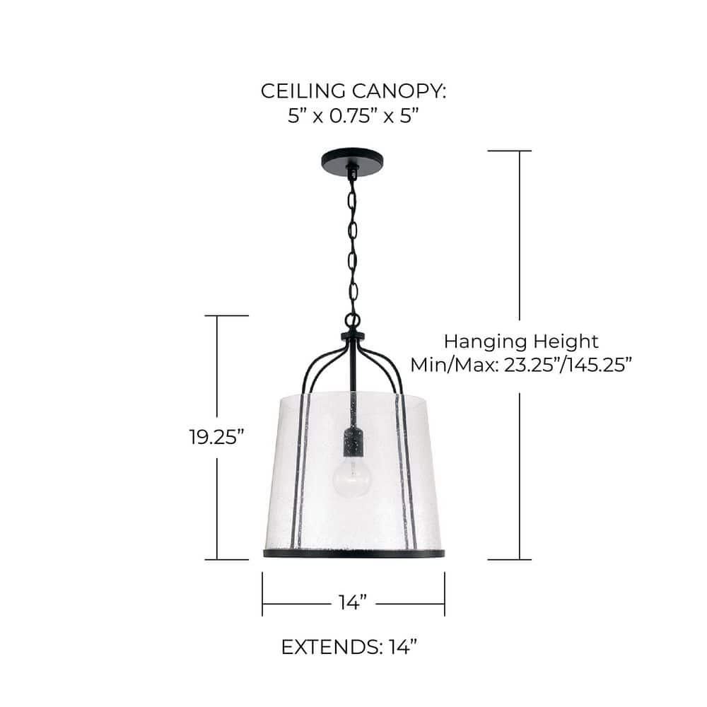 Madison Matte Black Brass Drum Pendant with Seeded Glass