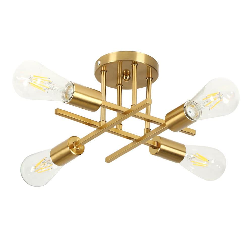MultiEase 14 in. 4-Light Farmhouse Gold Semi Flush Mount Ceiling Light Modern Industrial Sputnik Chandelier Light, E26 Bulb Socket, image size:1000x1000