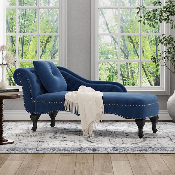 Calyra French Navy Blue Velvet Button Tufted Nailhead Trim Upholstered Chaise Lounge with Scrolled Backrest and Pillow