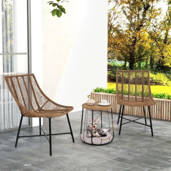 Costway Brown 3-Piece Wicker Patio Conversation Set with Heavy Duty Metal Frame Pet House