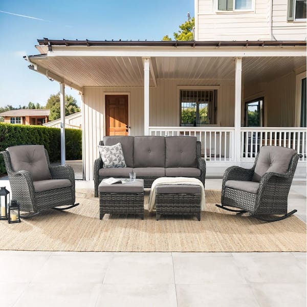 Gymojoy Carlos 5-Piece Gray Wicker Patio Conversation Set 3-Seat Sofa with Rocking Chairs and Gray Cushions