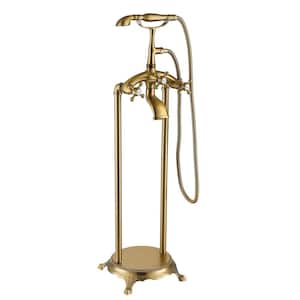 3-Handle Floor Mount Claw Foot Freestanding Tub Faucet with Hand Shower in Brushed Brass