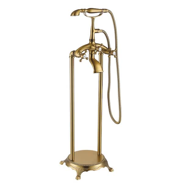 Maincraft 3-Handle Floor Mount Claw Foot Freestanding Tub Faucet with Hand Shower in Brushed Brass