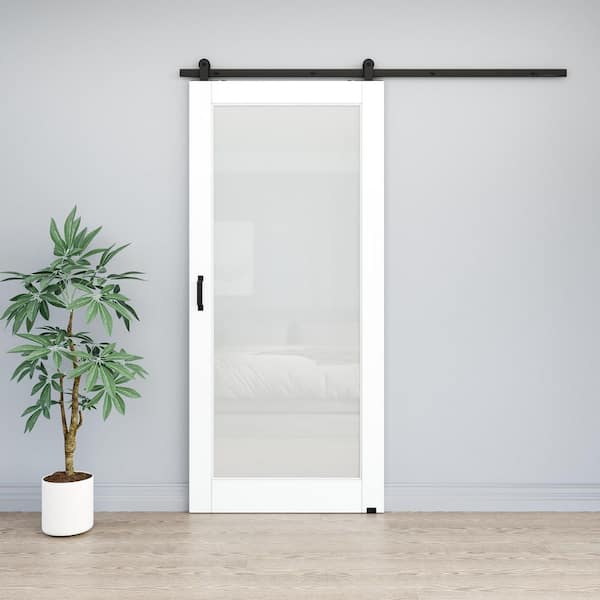 34 in. x 80 in. 1 Lite Frosted Glass White Primed MDF Top Mount Sliding Barn Door with Hardware Kit (T Shape Hanger)