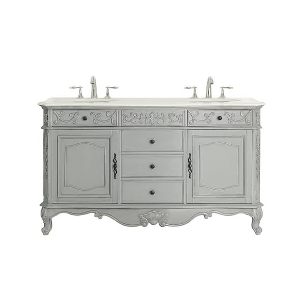 Home Decorators Collection Winslow 60 in. W x 22 in. D Vanity in Antique Gray with Marble Vanity top in White with White Sinks