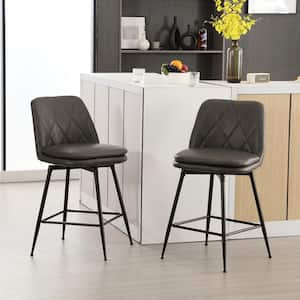 29 in. Grey Metal Frame Bar Height Swivel Bar Stool with Faux Leather Seat (Set of 2)