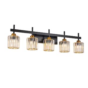 36.22 in. 5 Lights Black and Gold Modern Crystal Bathroom Vanity Light Over Mirror with Crystal Shades