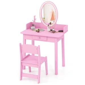 2-Piece Rectangle Wood Top Pink Kids Vanity Set with Lighted Mirror