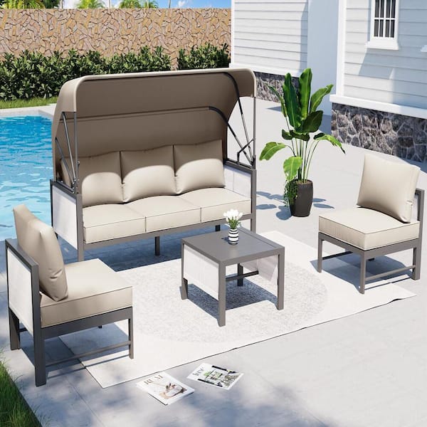 Sudzendf 4-Piece Aluminum Patio Conversation Set with Beige Retractable Canopy and Cushions and Coffee Table