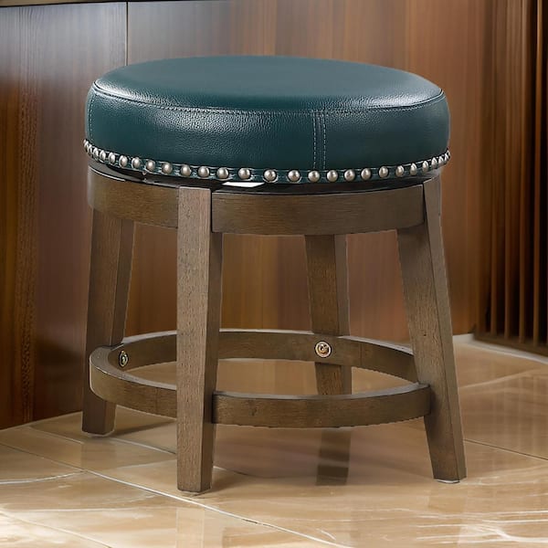 Benjara 20 in. Green and Brown Low Back Wooden Dining Stool with Faux Leather Seat (Set of 2)