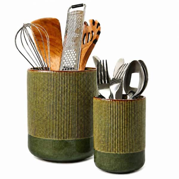 Brown Green Stoneware Kitchen Utensil Holder Countertop 2-Piece Set with Large and Small Crocks