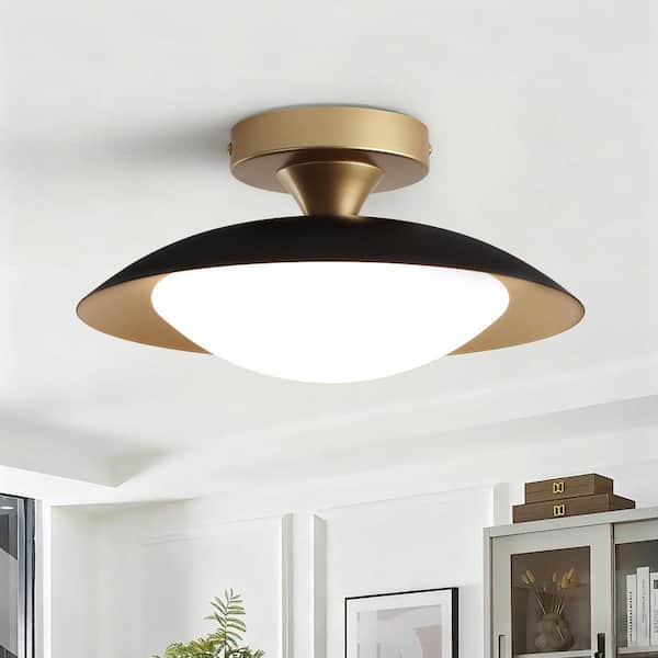 11.8 in.1-Light Industrial Black and Gold LED Semi-Flush Mount with Metal Dome Shade and Bulb Included