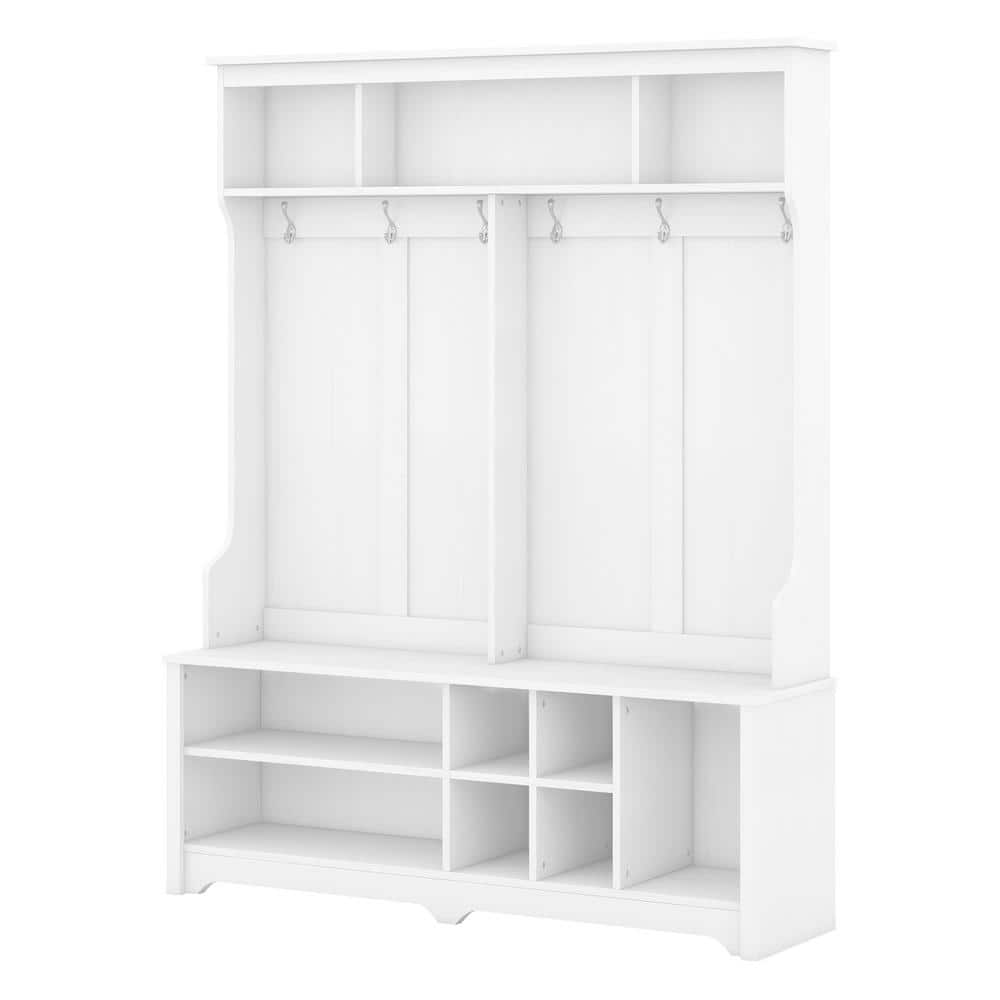White MDF Hall Tree with Storage Bench and Metal Hooks